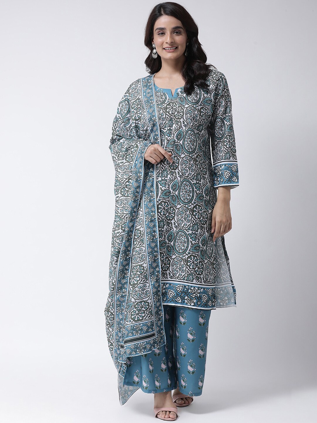 

Hangup Women Green & White Printed Kurta with Palazzos & Dupatta