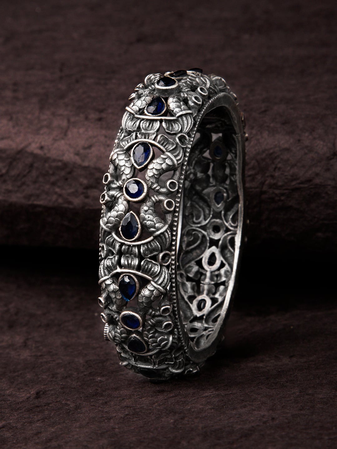 

Rubans Oxidized Silver-Plated Stone-Studded Handcrafted Filigree Statement Bangles