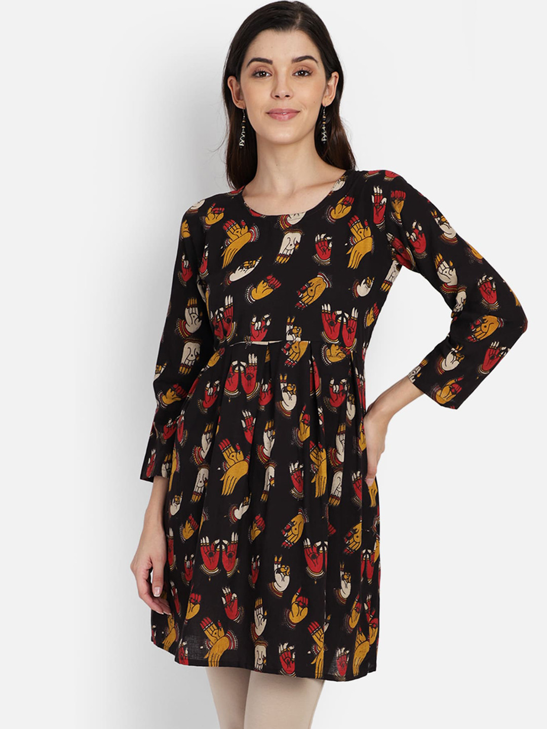 

SAHORA Women Black Kalamkari Printed Peplum Pure Cotton Top