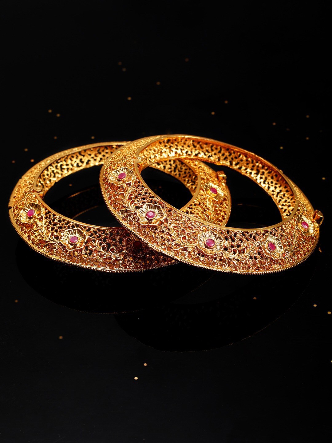 

Rubans Set Of 2 Gold-Plated & Pink Stone-Studded Handcrafted Filgree Floral Bangles