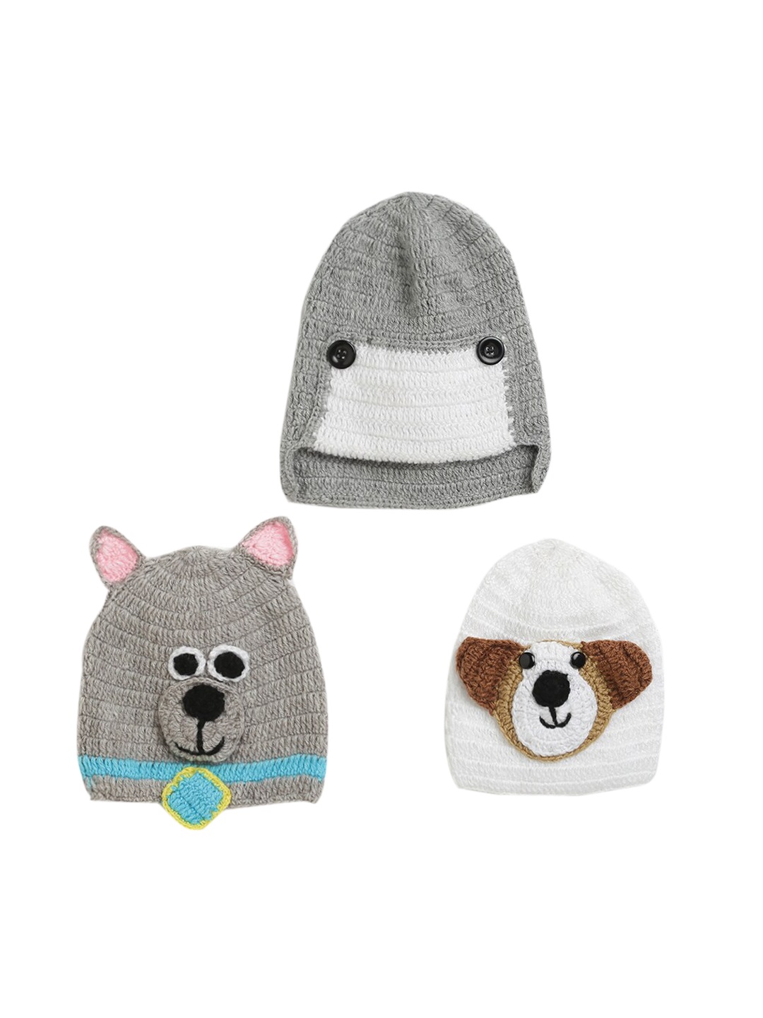 

CHUTPUT Kids Pack Of 3 Grey & White Hand knitted Crochet Woolen Beanie