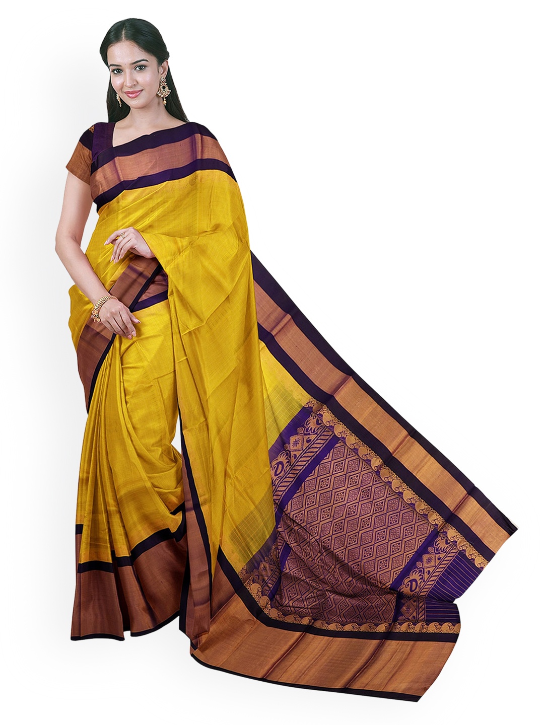 

APCO Yellow & Navy Blue Silk Cotton Woven Design Saree