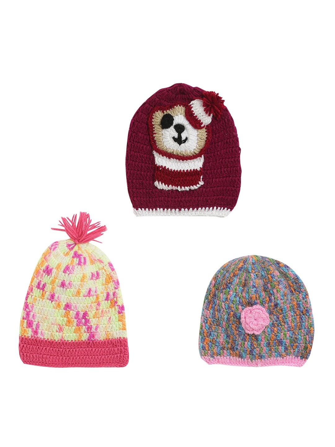 

CHUTPUT Kids Set of 3 Self Design Beanies, Maroon