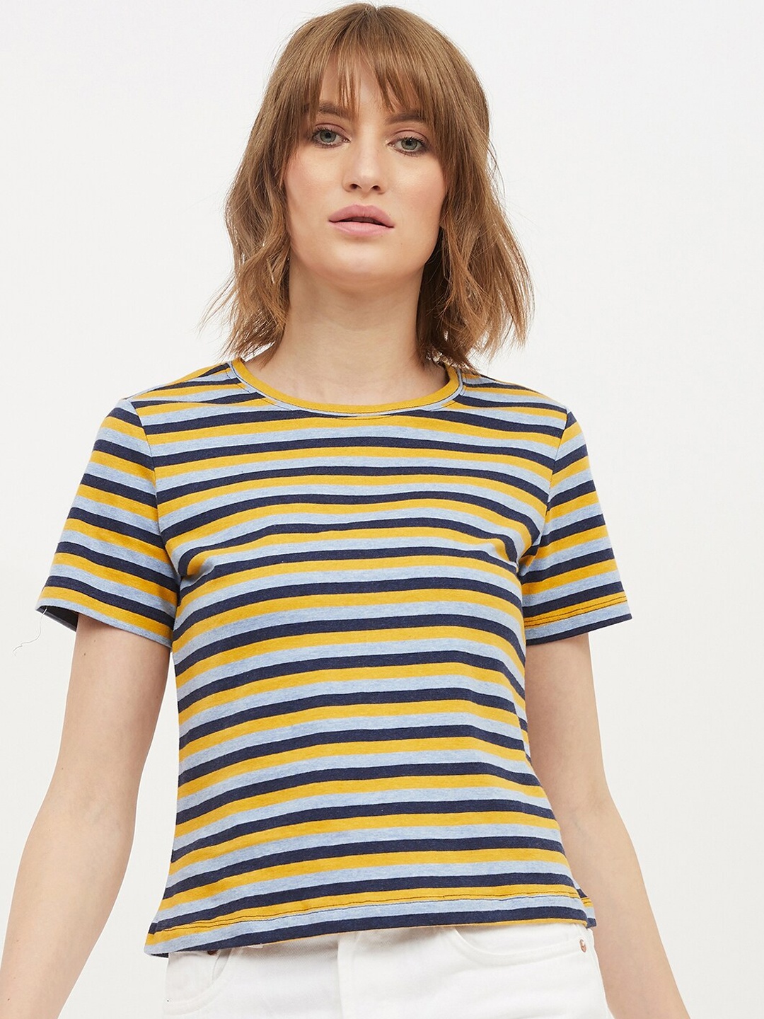 

Harpa Women Yellow Grey Striped Round Neck Pure Cotton T-shirt
