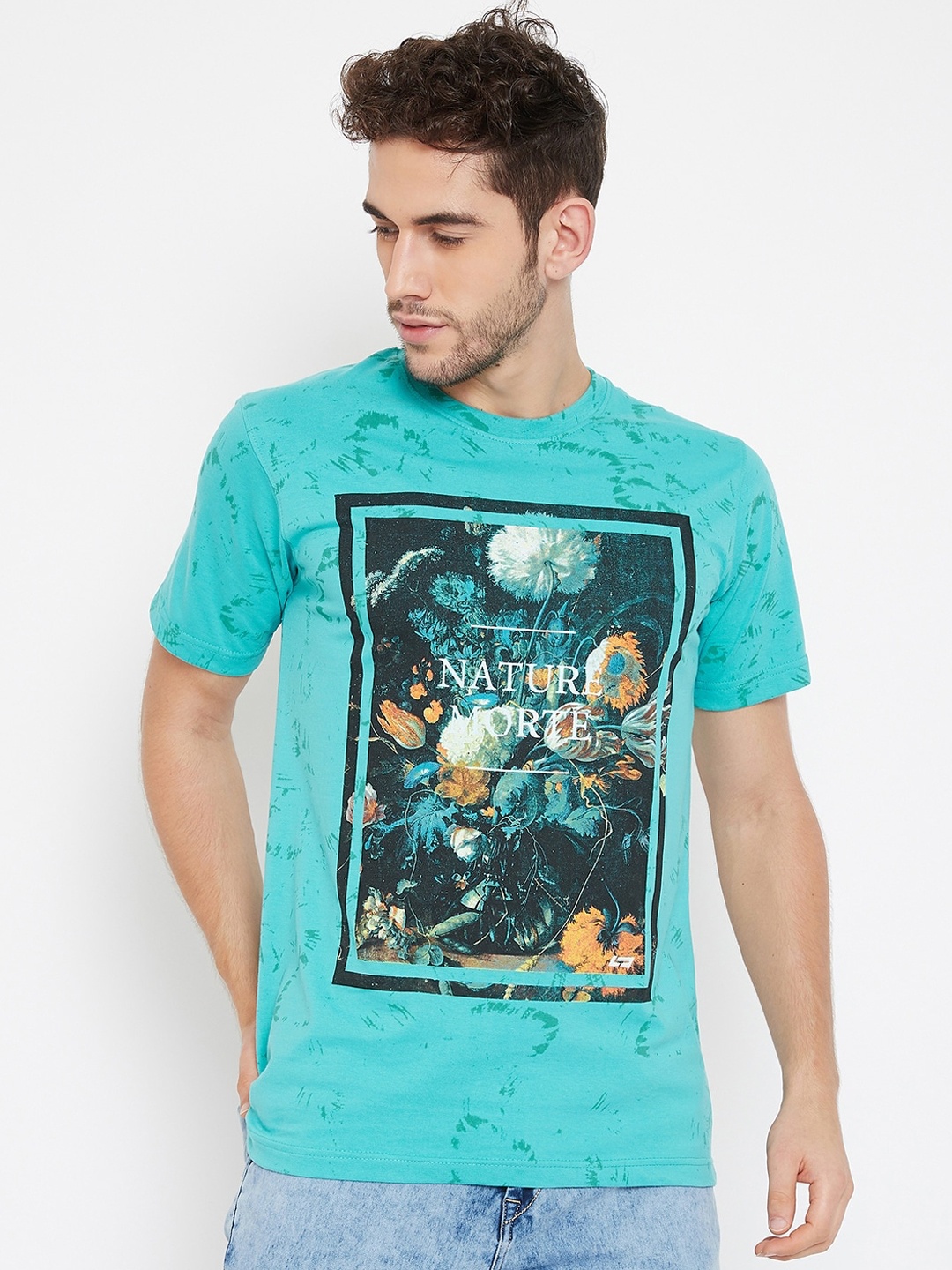 

NEVA Men Sea Green Printed Round Neck Cotton T-shirt