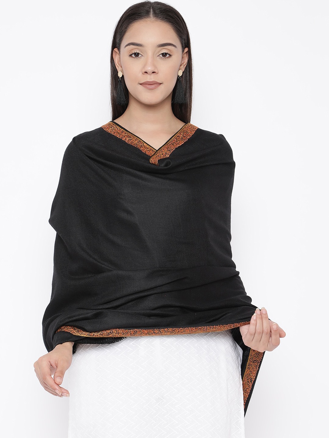

Pashmoda Women Black & Orange Hand-Embroidered Shawl