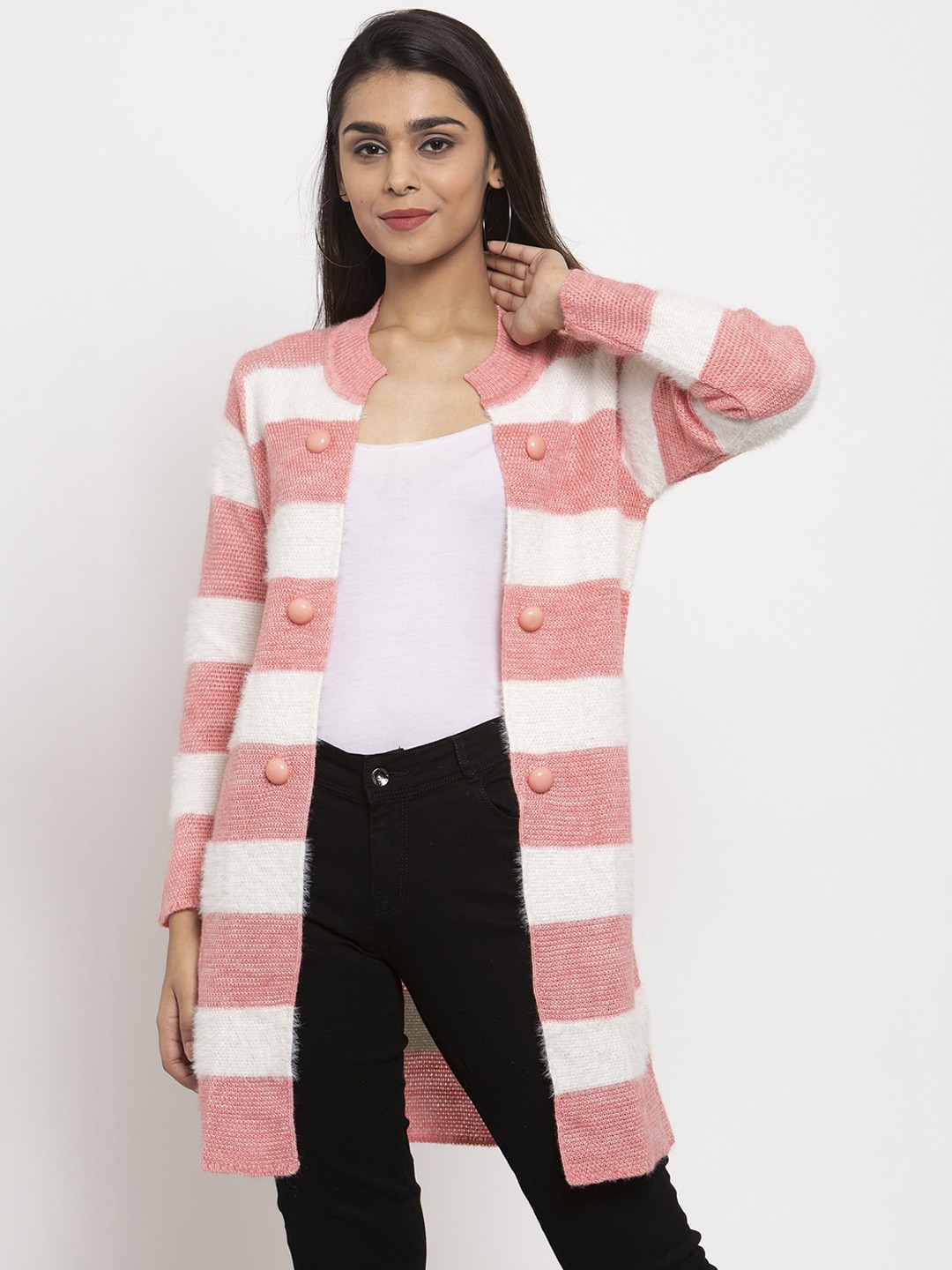 

VANYA Women Pink & White Striped Longline Sweater