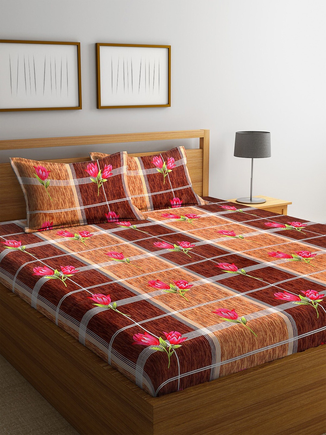 

ROMEE Brown & Orange Floral 144 TC Microfiber 1 Queen Bedsheet with 2 Pillow Covers