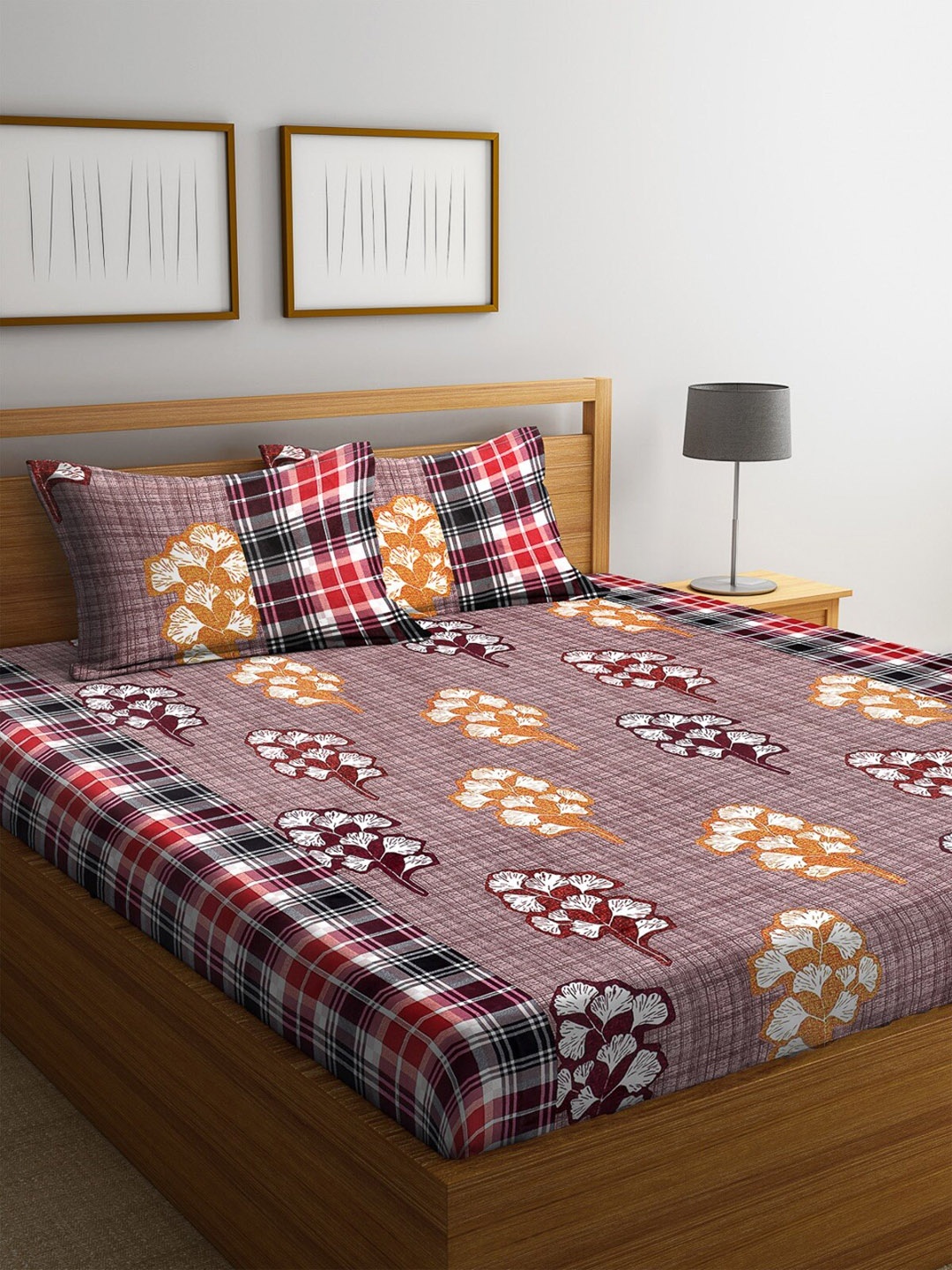 

ROMEE Purple & Off-White Floral 144 TC Cotton 1 Queen Bedsheet with 2 Pillow Covers