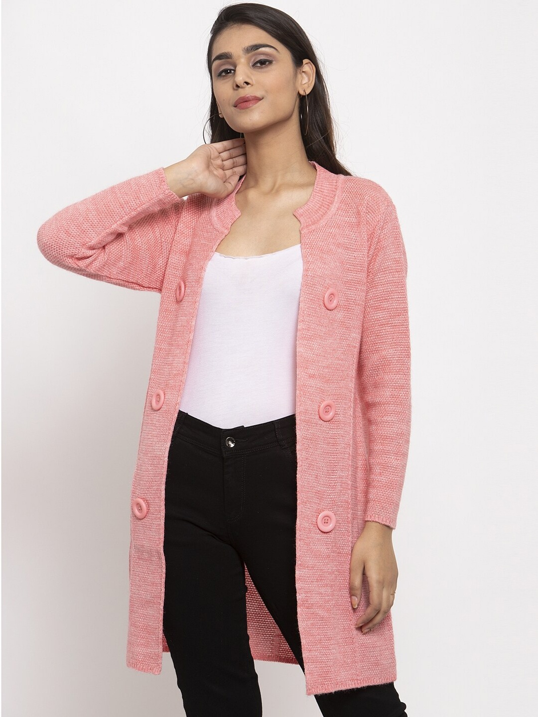

VANYA Women Pink Solid Front-Open Sweater