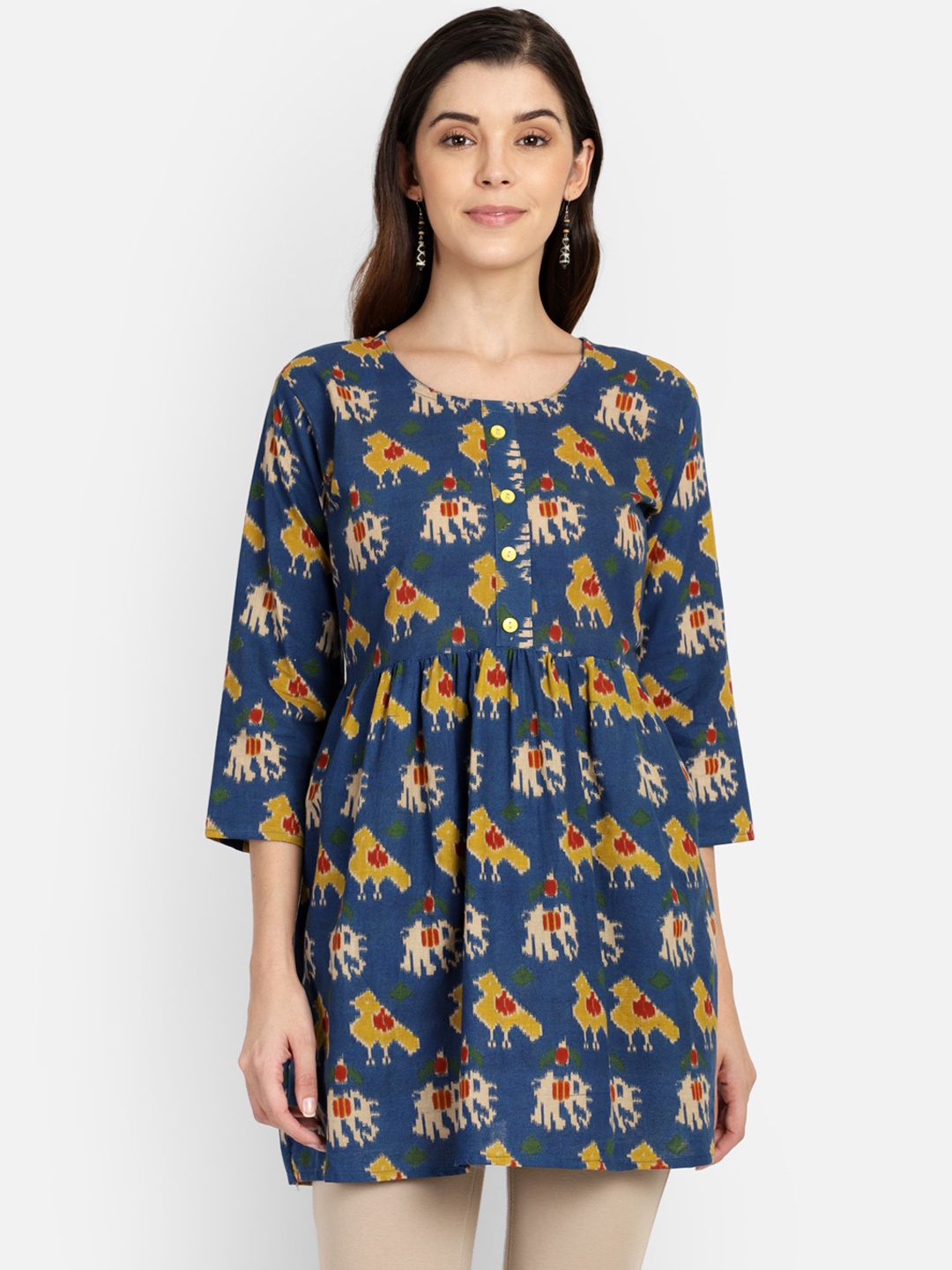 

SAHORA Women Blue Blockprint Printed Peplum Pure Cotton Top
