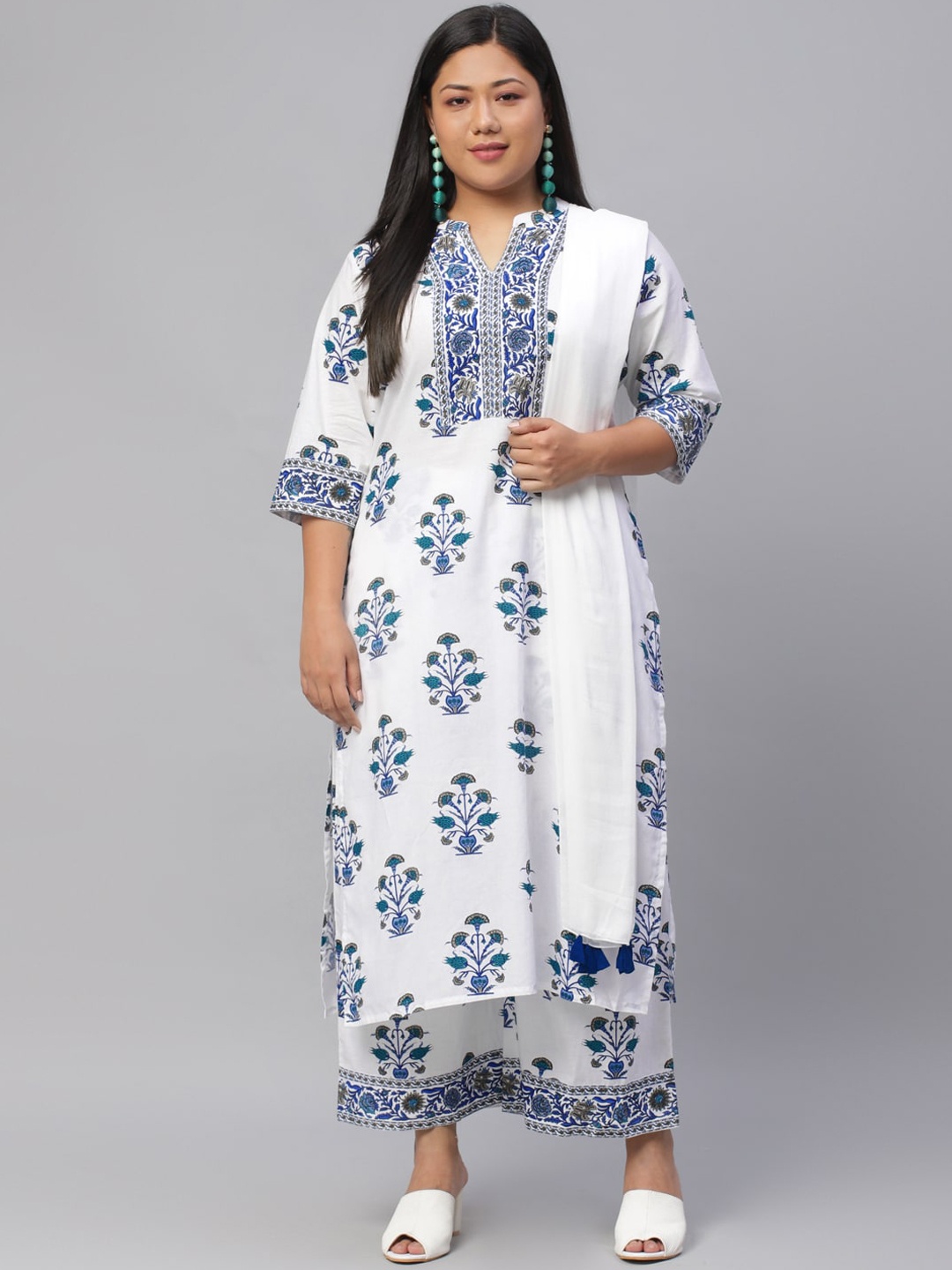 

EXTRA LOVE BY LIBAS Plus Size Women White Floral Cotton Kurta with Palazzos & With Dupatta