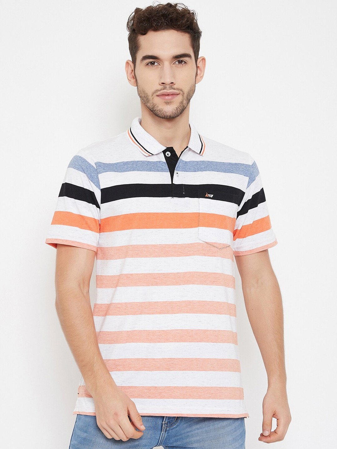 

NEVA Men Orange & Off White Striped Polo Collar Cotton T-shirt