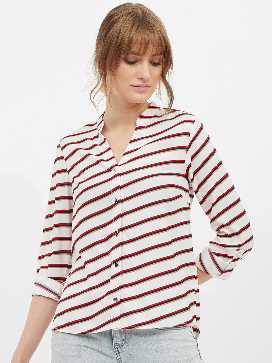 Harpa Women White & Red Striped Shirt Style Top