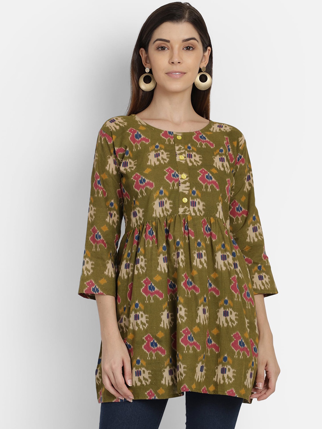 

SAHORA Women Olive Green Kalamkari Printed Peplum Pure Cotton Top