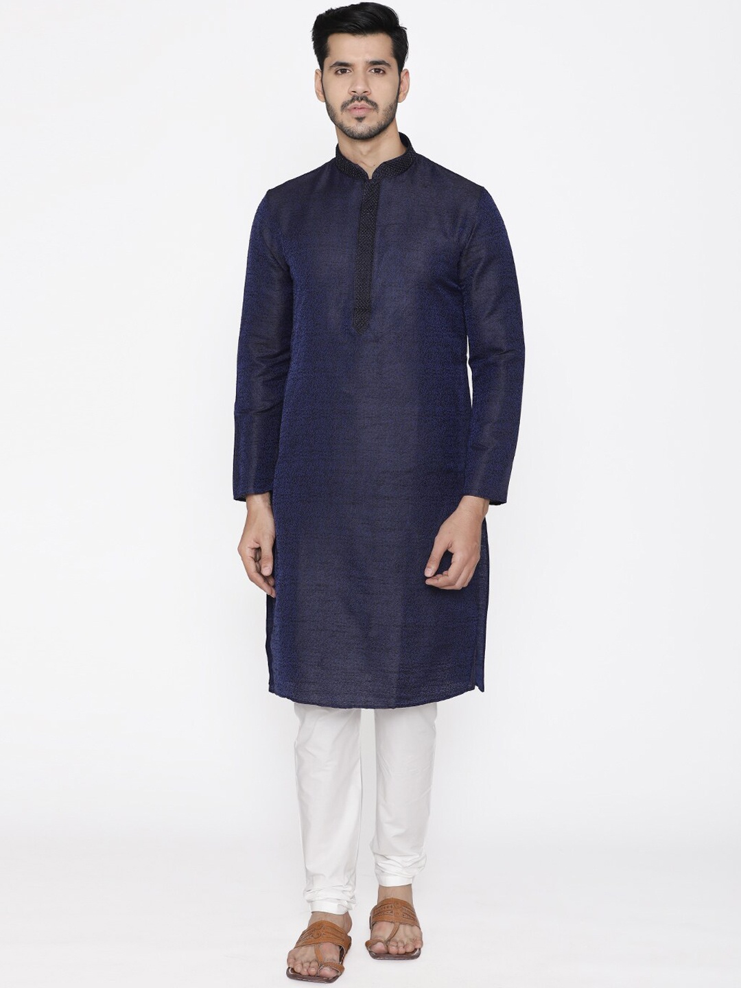 

Manyavar Men Navy Blue & White Solid Kurta with Churidar