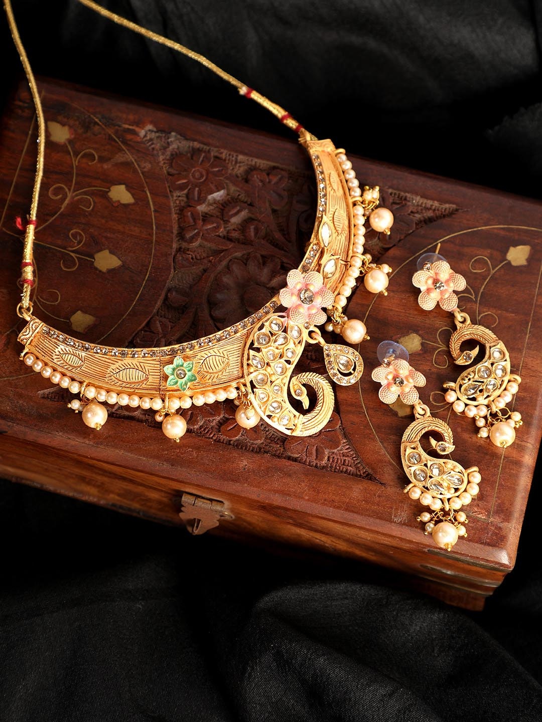 ANIKAS CREATION Gold-Plated & Mint Green Enamelled Stone Studded Jewellery Set