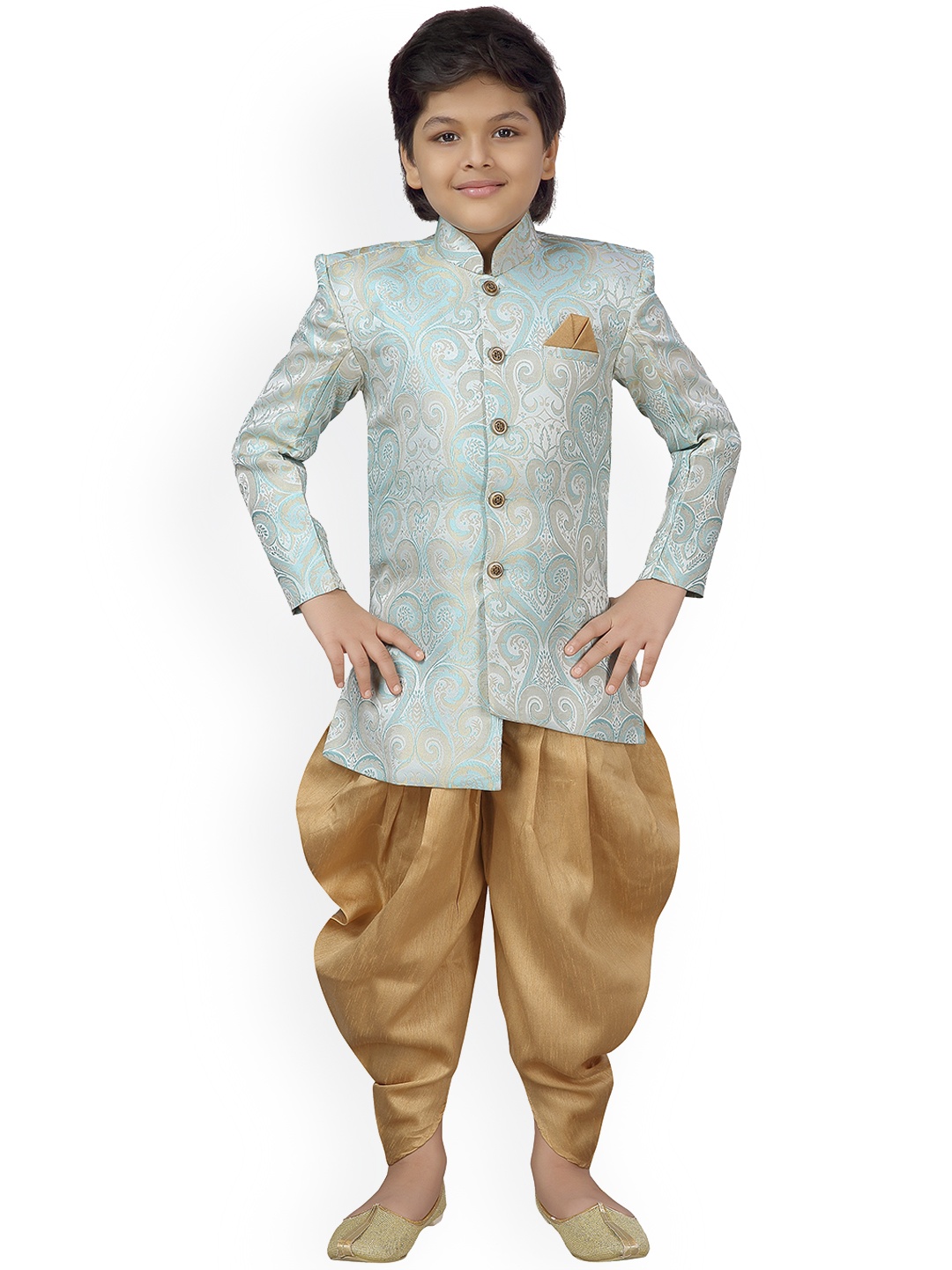 

Aj DEZInES Boys Turquoise Blue & Gold-Coloured Woven Design Sherwani
