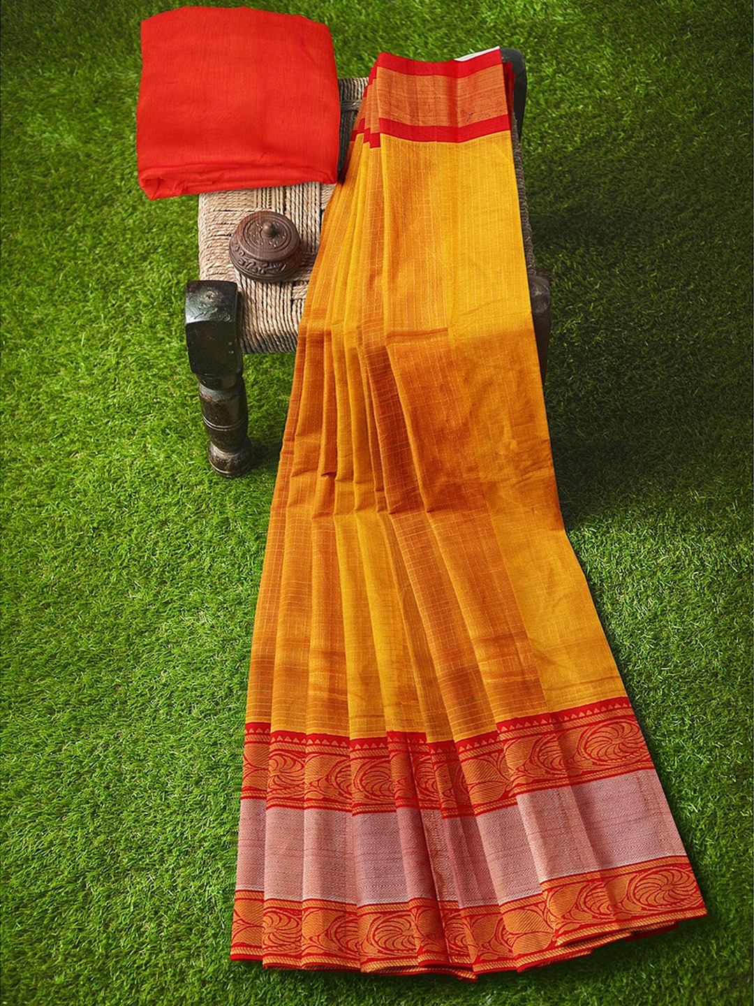 

APCO Yellow & Red Silk Cotton Handloom Woven Design Sustainable Saree
