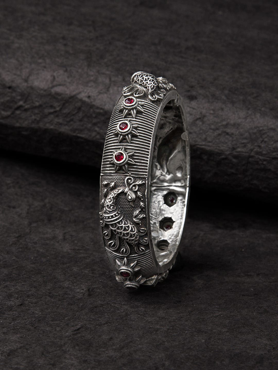 

Rubans Oxidized Silver-Plated & Red Stone-Studded Handcrafted Wired Bangle