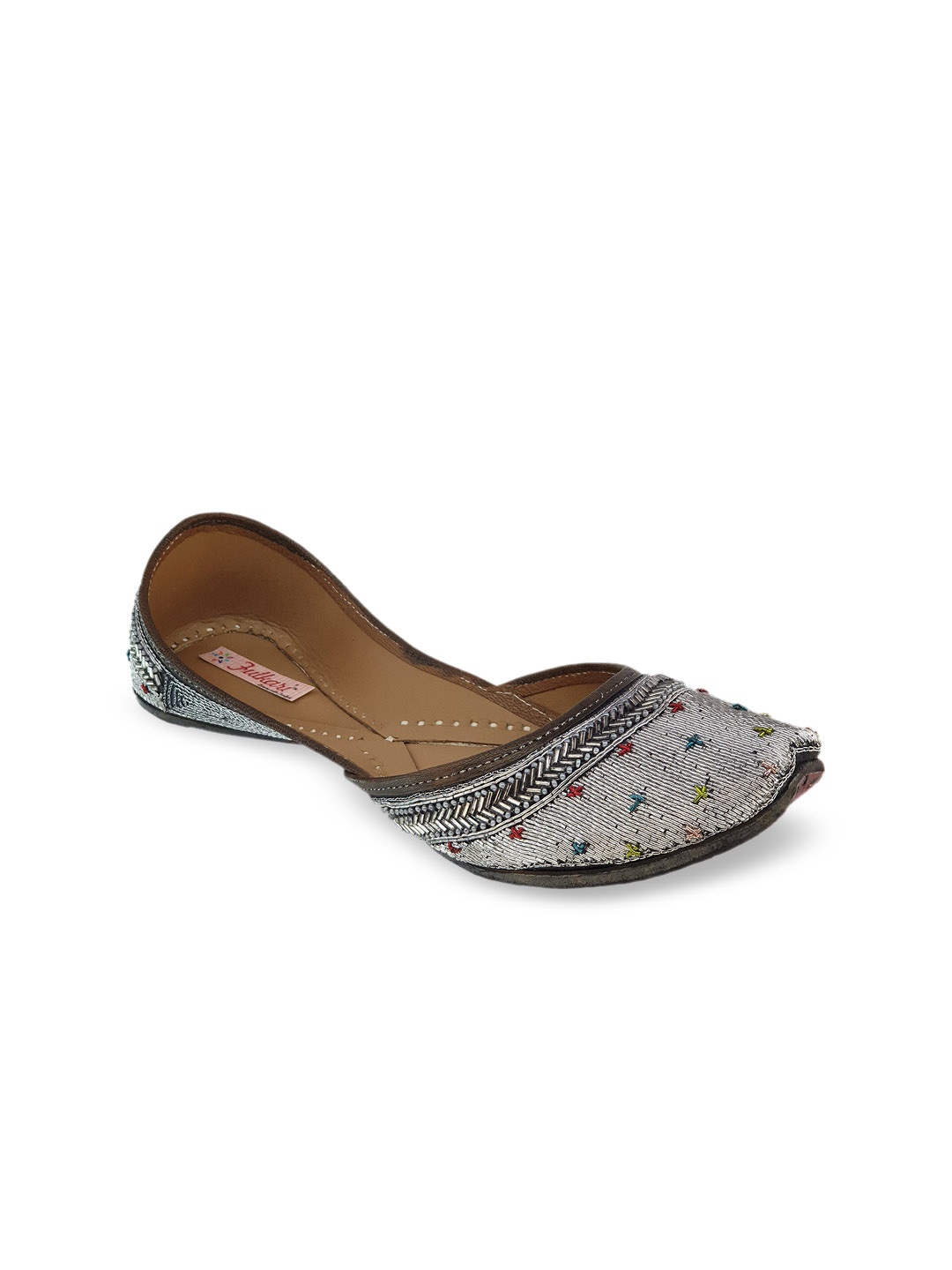 

Fulkari Women Grey Embellished Leather Mojaris