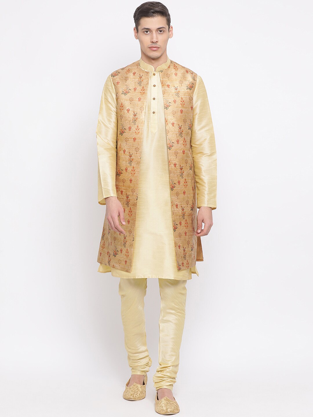 

VASTRAMAY Men Beige Woven Design Kurta with Churidar & Jacket