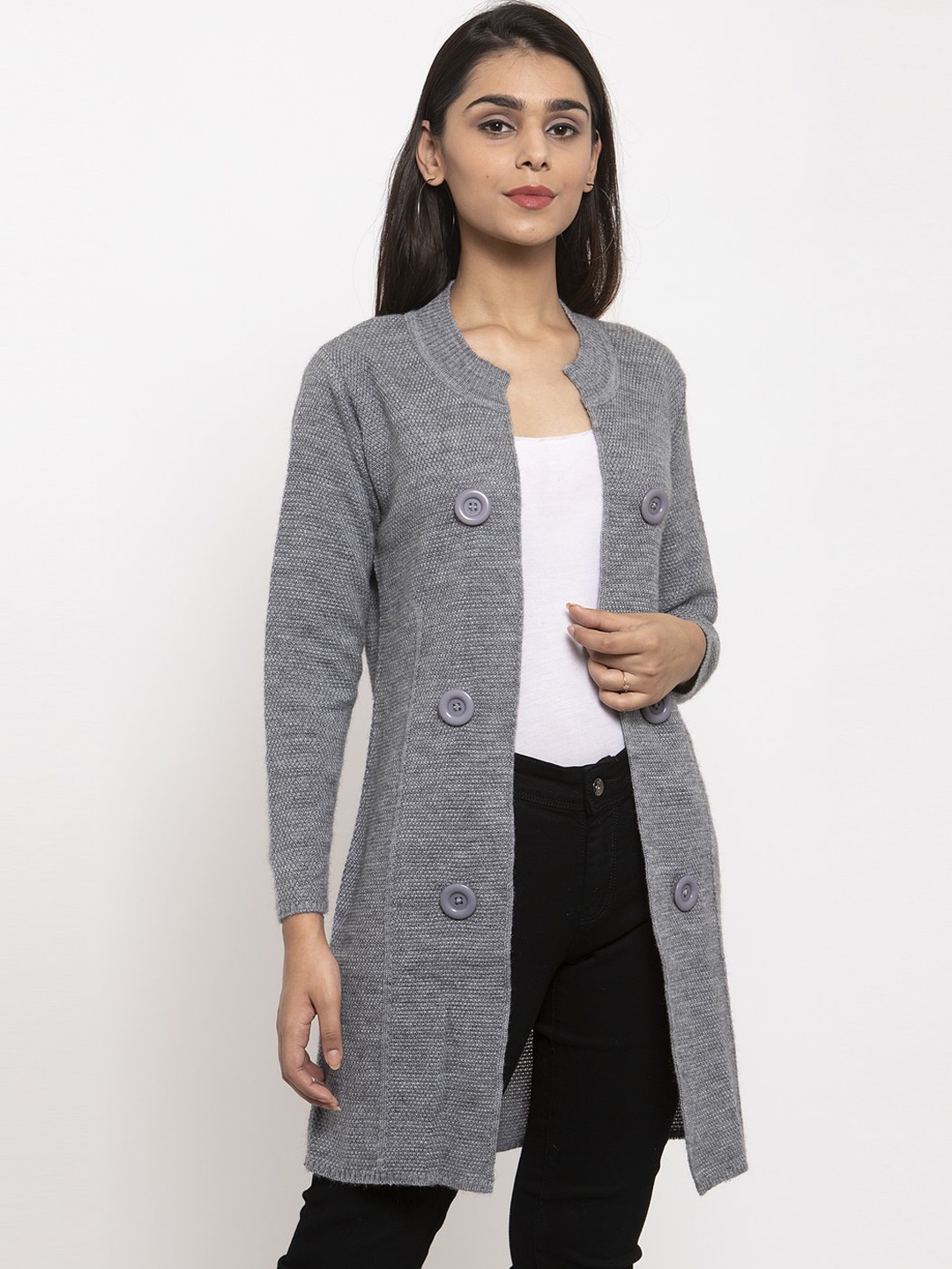 

VANYA Women Grey Self Design Cardigan Sweater