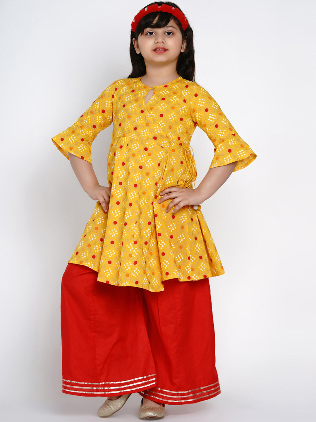 

Bitiya by Bhama Girls Yellow & Red Printed Kurta with Palazzos