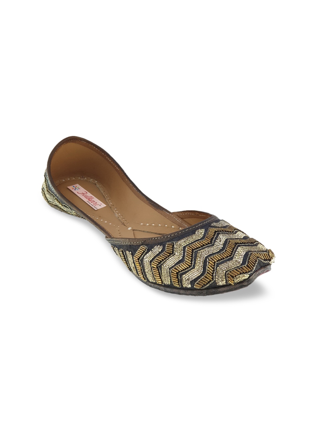 

Fulkari Women Grey & Gold-Toned Embellished Leather Mojaris