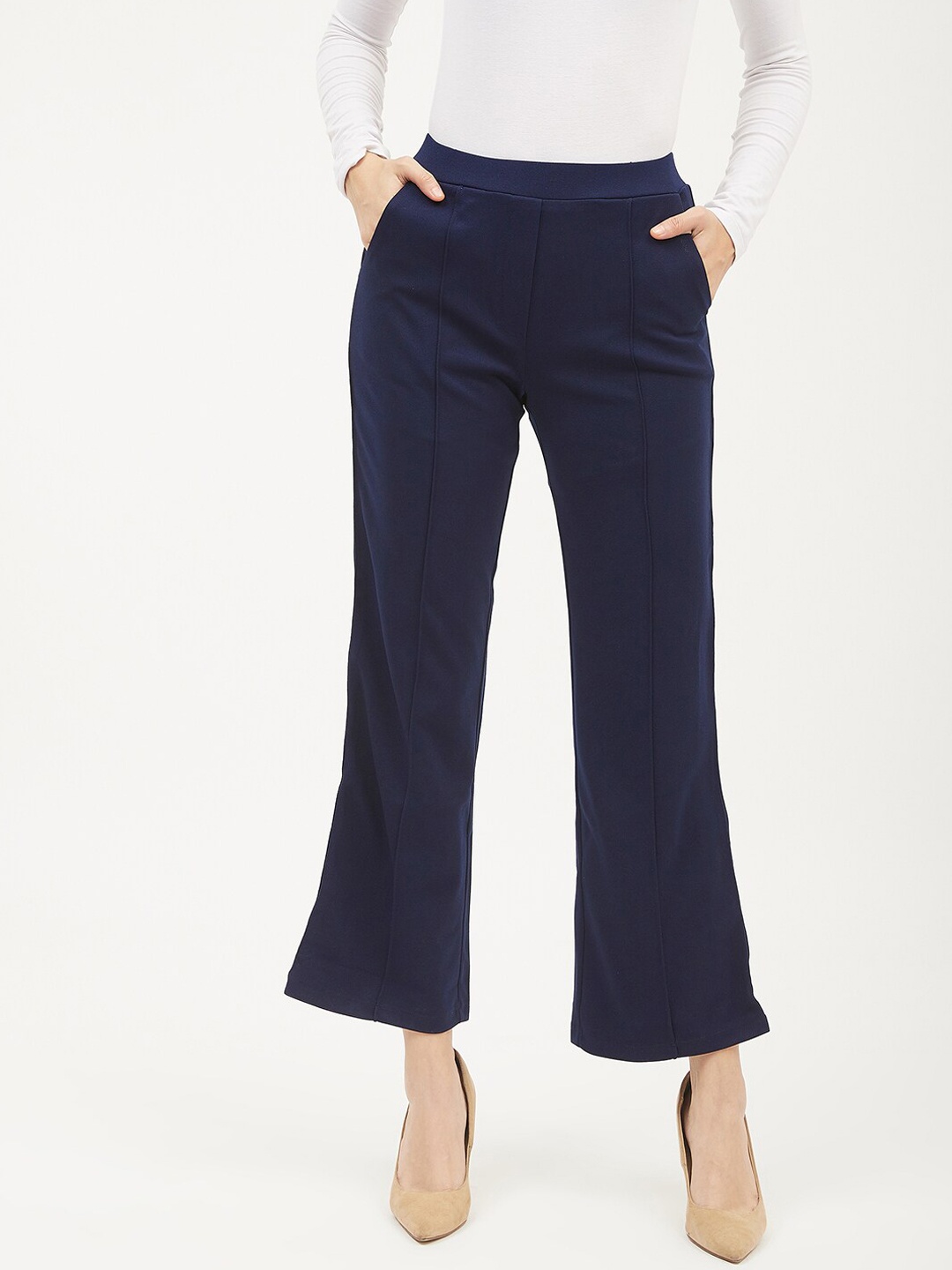 

Harpa Women Navy Blue Regular Fit Solid Bootcut Trousers
