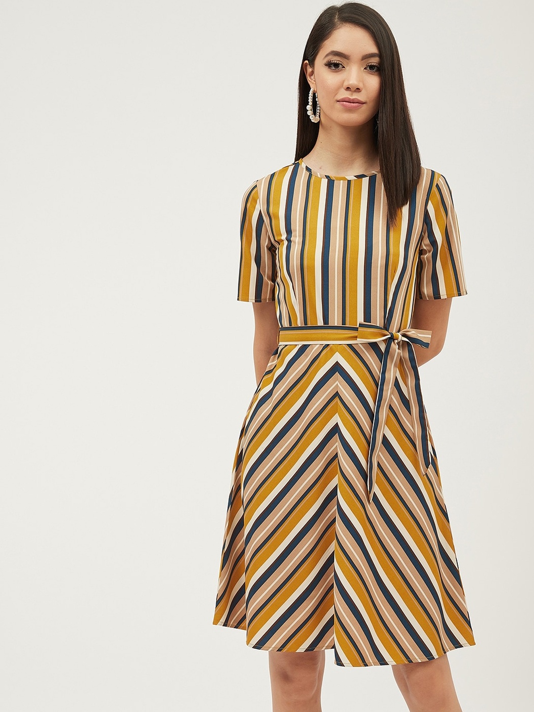 

Harpa Women Mustard Striped A-Line Dress