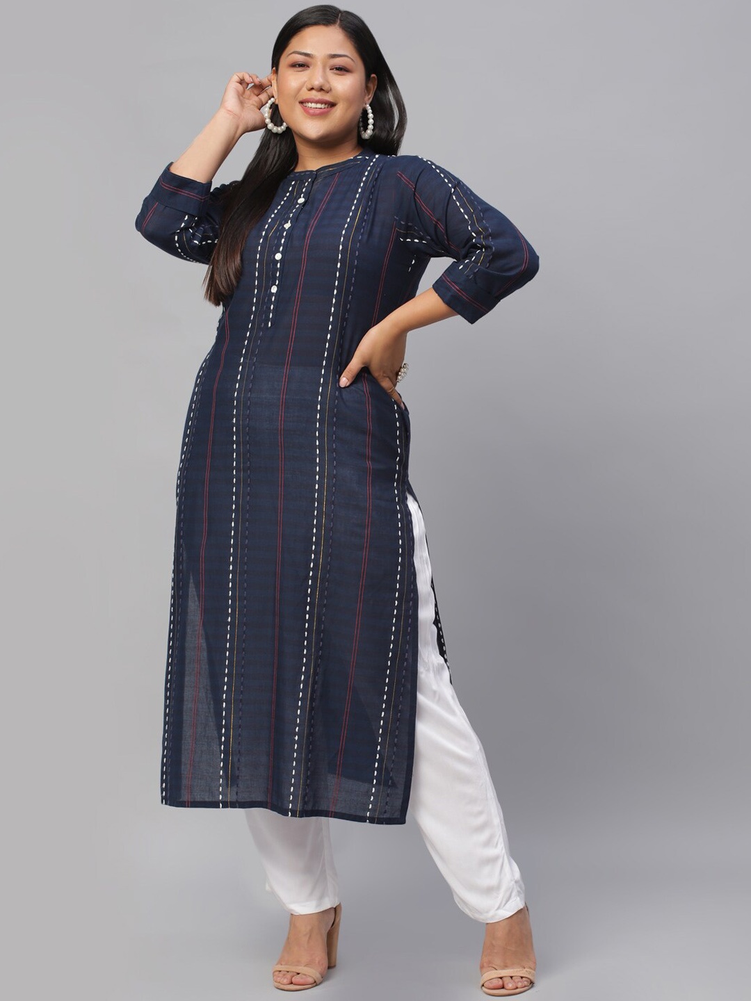 

EXTRA LOVE BY LIBAS Plus Size Women Navy Blue & White Striped Kantha Work Cotton Kurta