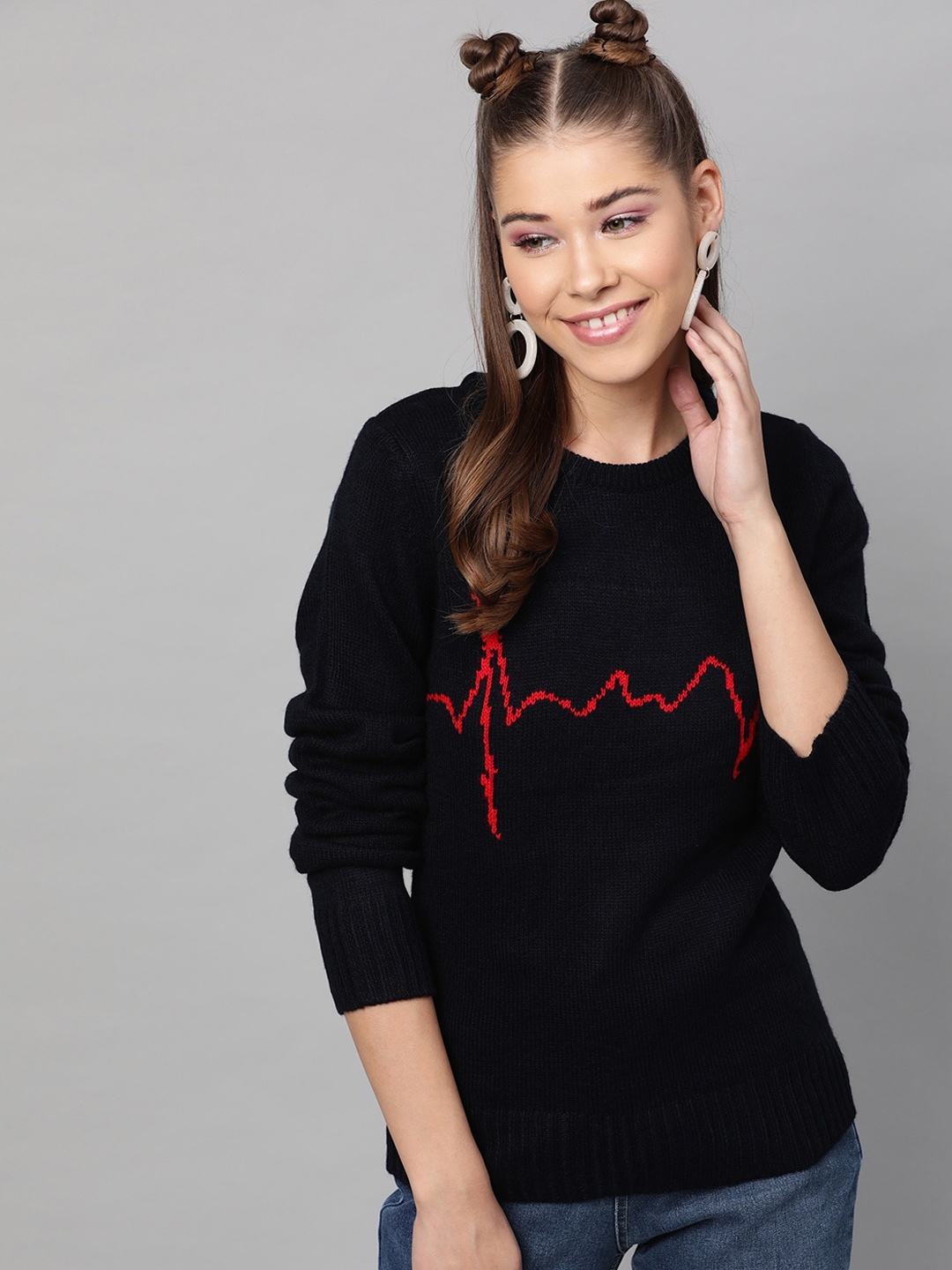 STREET 9 Women Navy Blue & Red Printed Pullover Sweater