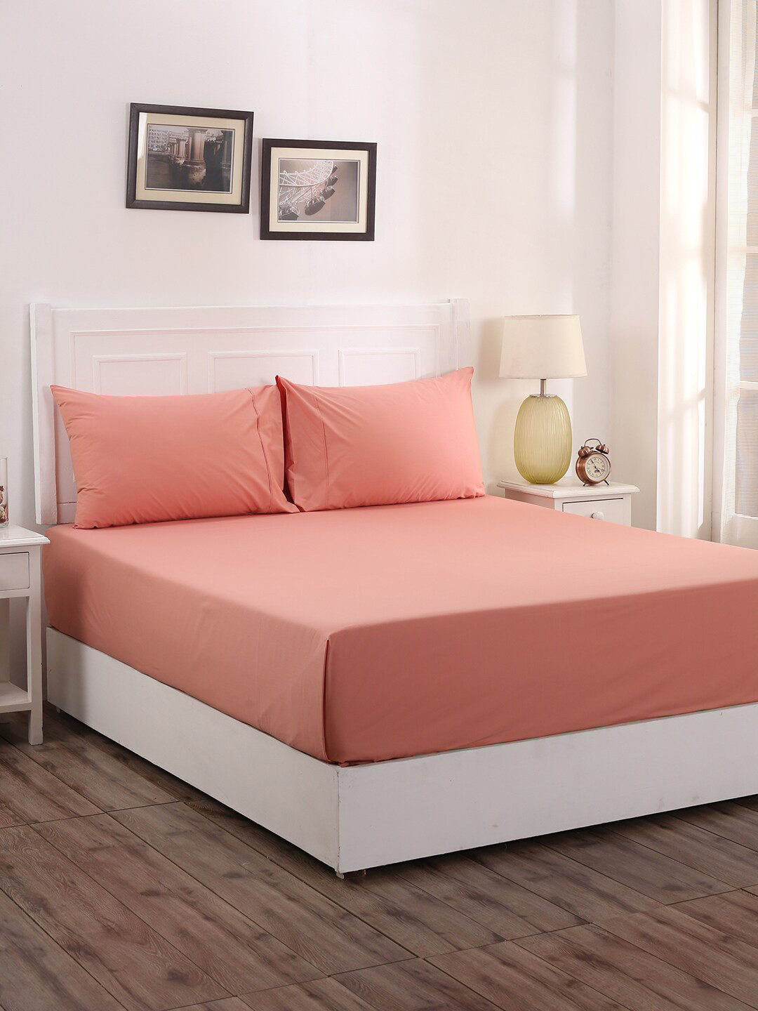 

MASPAR Peach-Coloured Solid 200 TC Cotton 1 Queen Bedsheet with 2 Pillow Covers