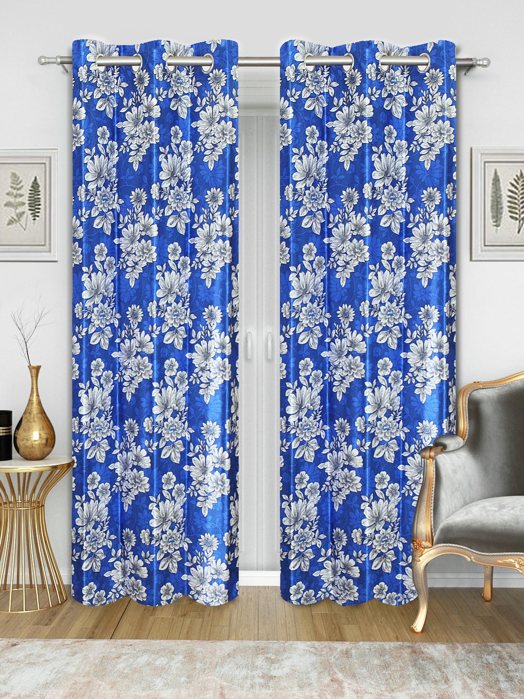 Good Homes by Home Candy Set of 2 Blue & White Floral Print Door Curtains