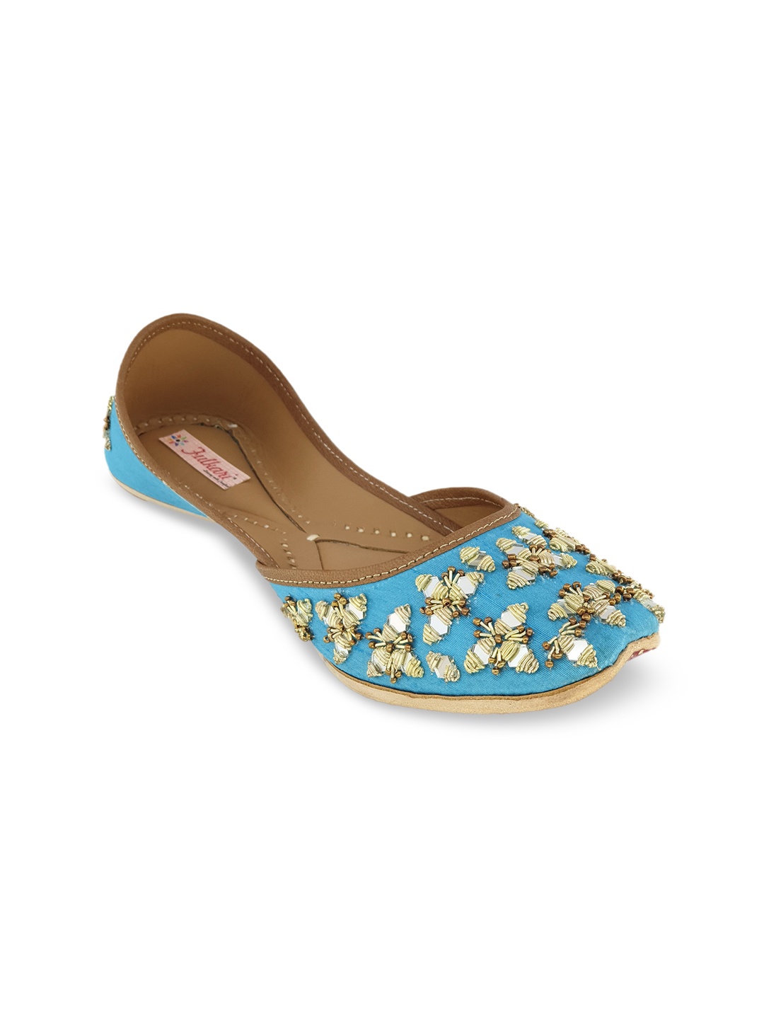 

Fulkari Women Turquoise Blue & Gold-Toned Embellished Leather Mojaris