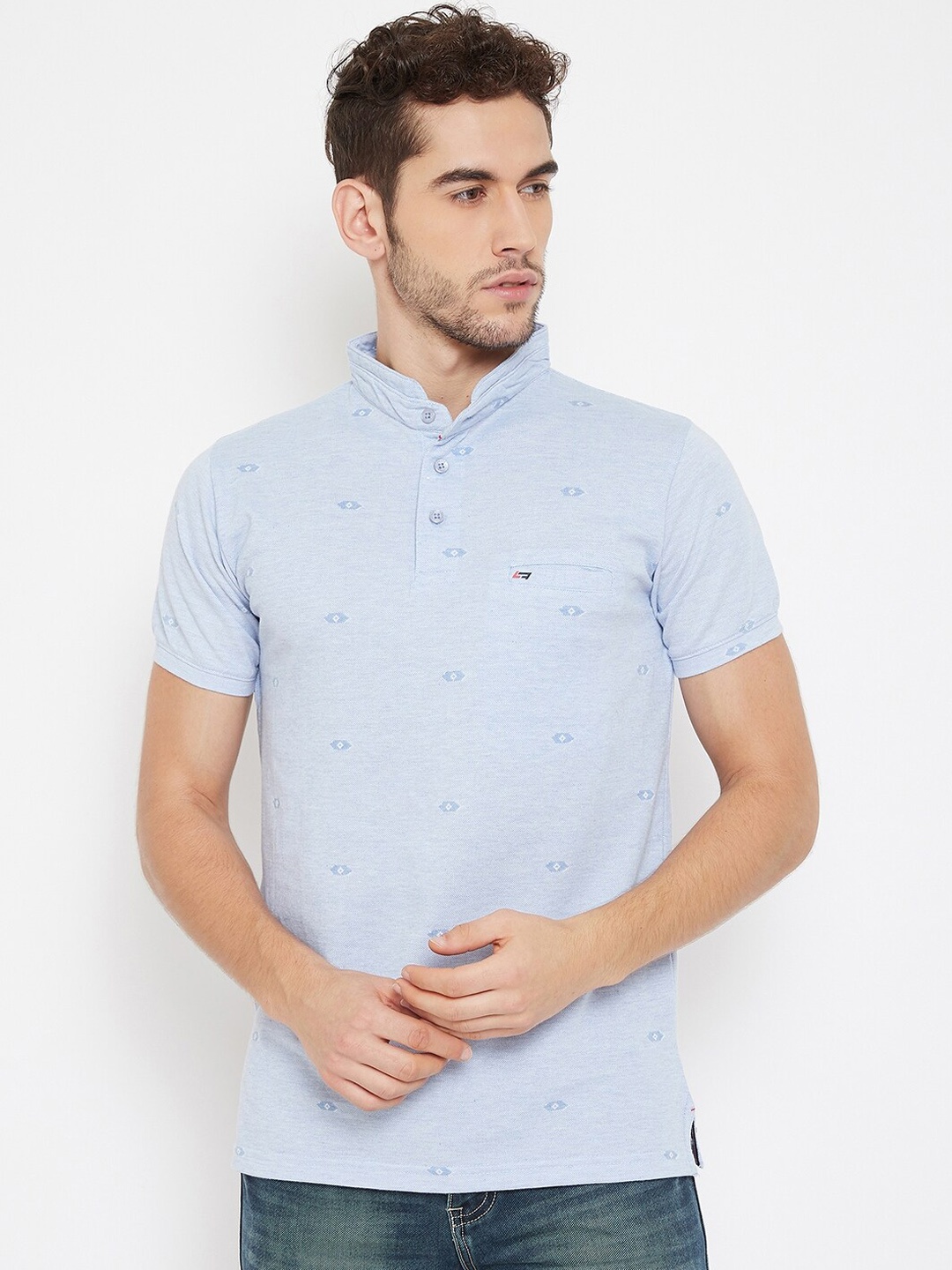 

NEVA Men Blue Printed Mandarin Collar Cotton T-shirt