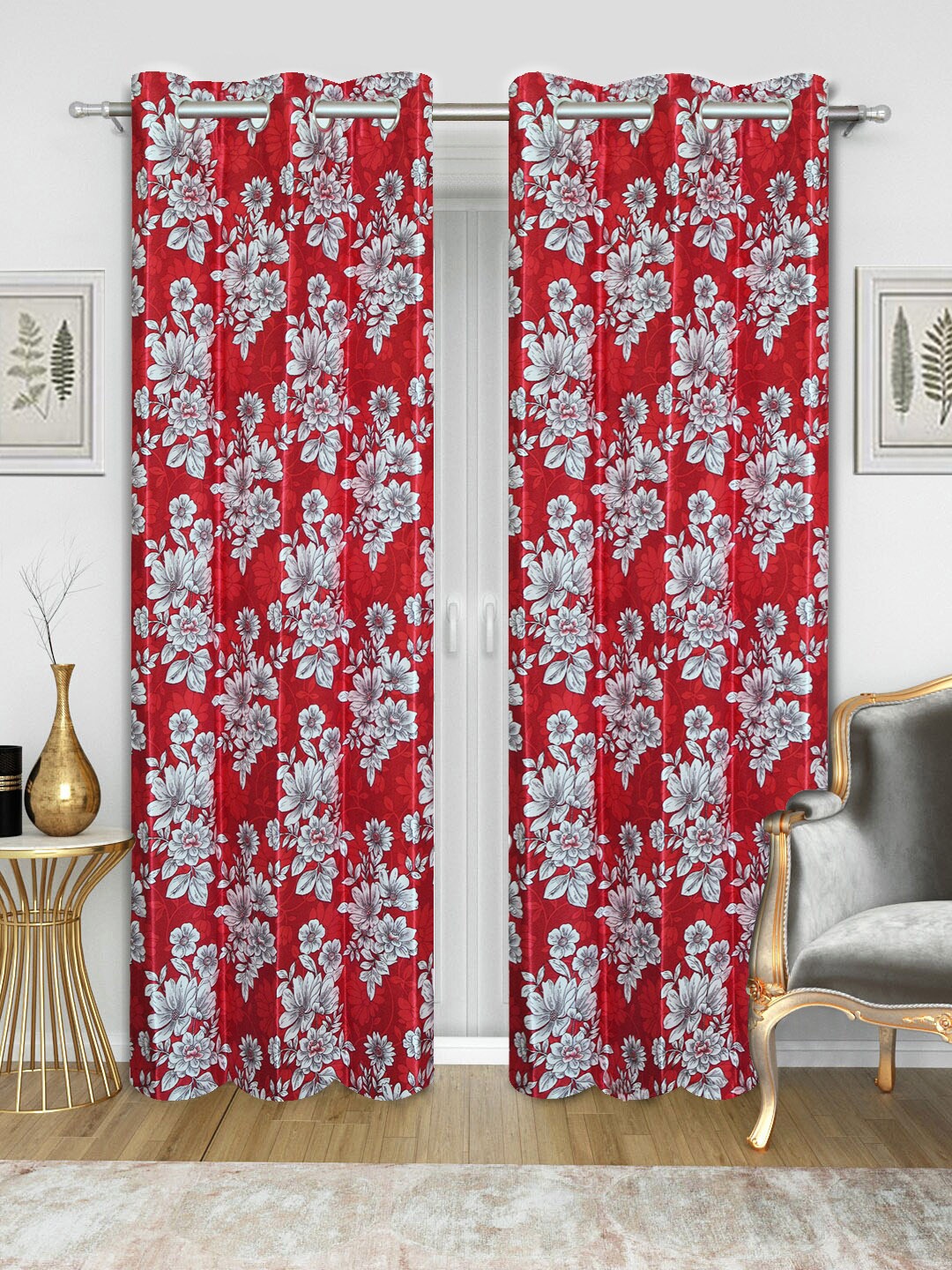 

Good Homes by Home Candy Set of 2 Red & White Floral Print Long Door Curtains