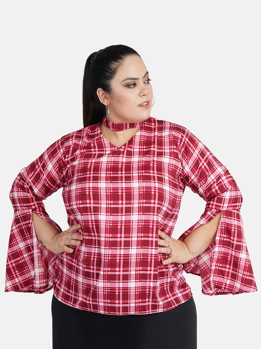 

Indietoga Women Plus Size Pink & White Checked Choker Neck Top