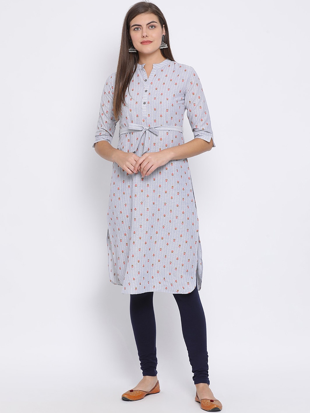 

Span Women Grey Floral Print Straight Kurta with Tie-Ups