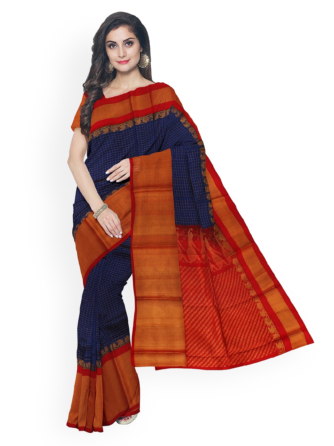 

APCO Navy Blue & Orange Silk Cotton Checked Handloom Sustainable Saree
