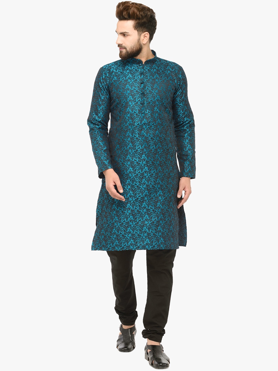

Jompers Men Green & Charcoal Grey Woven Design Kurta with Churidar