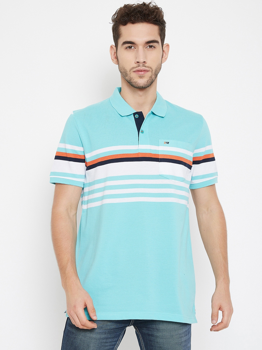 

NEVA Men Blue & White Striped Polo Collar Cotton T-shirt