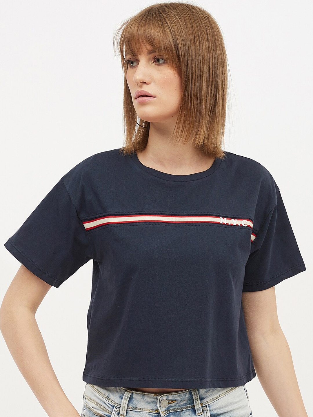 

Harpa Women Navy Blue Printed Round Neck Pure Cotton T-shirt
