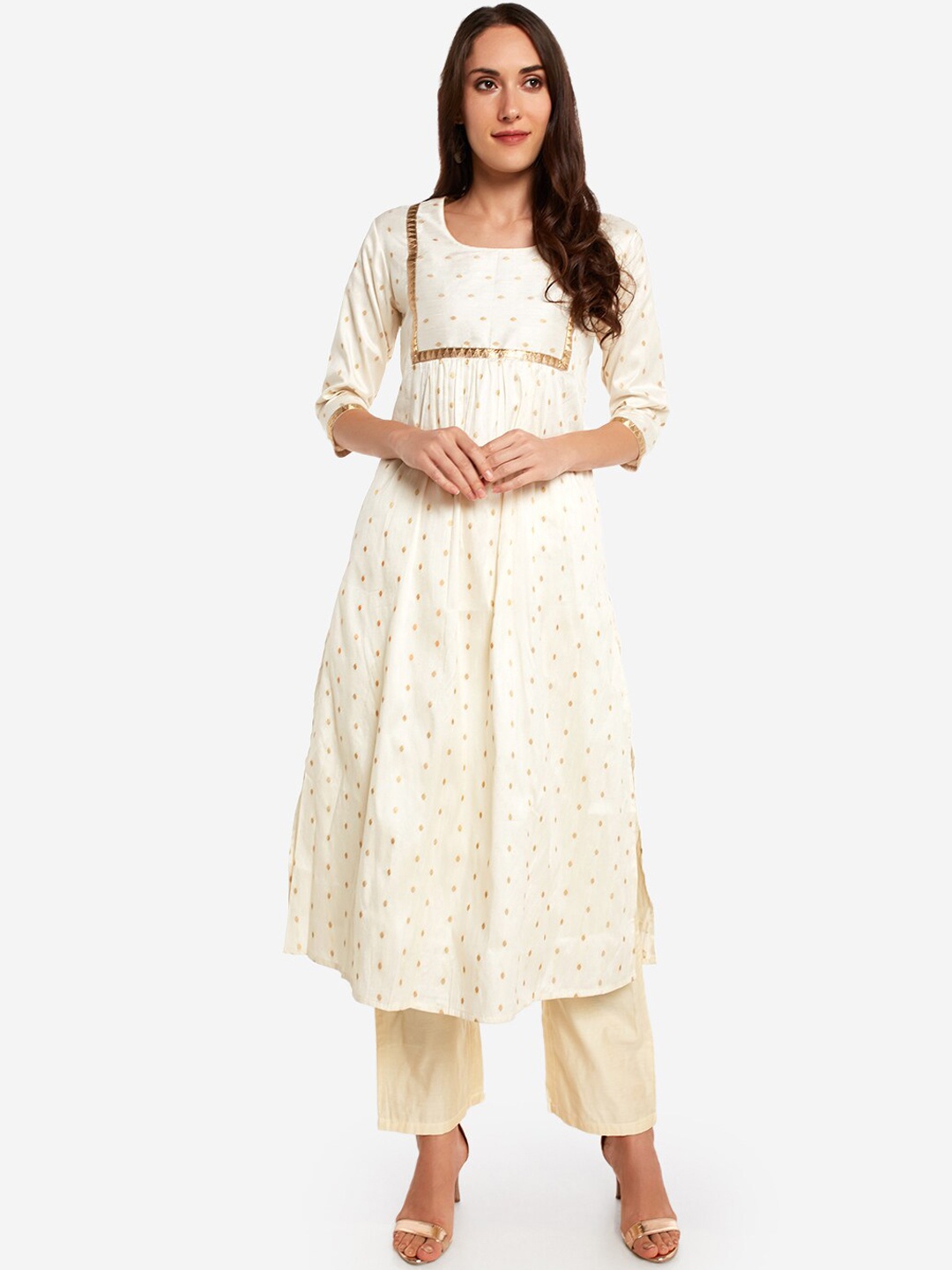 

Desi Weavess Women White & Gold-Coloured Woven Design Anarkali Kurta