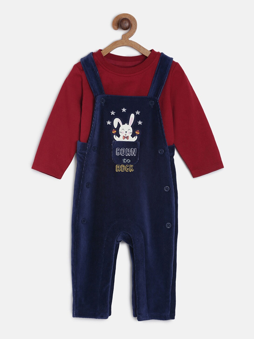 MINI KLUB Boys Blue & Maroon Solid T-shirt with Dungarees
