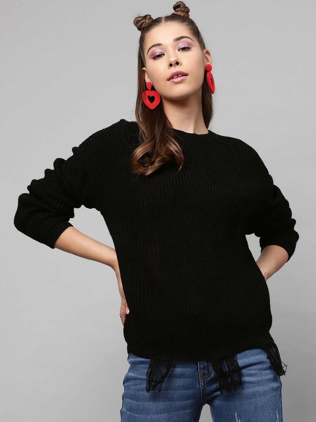

STREET 9 Women Black Ribbed Pullover Acrylic Sweater