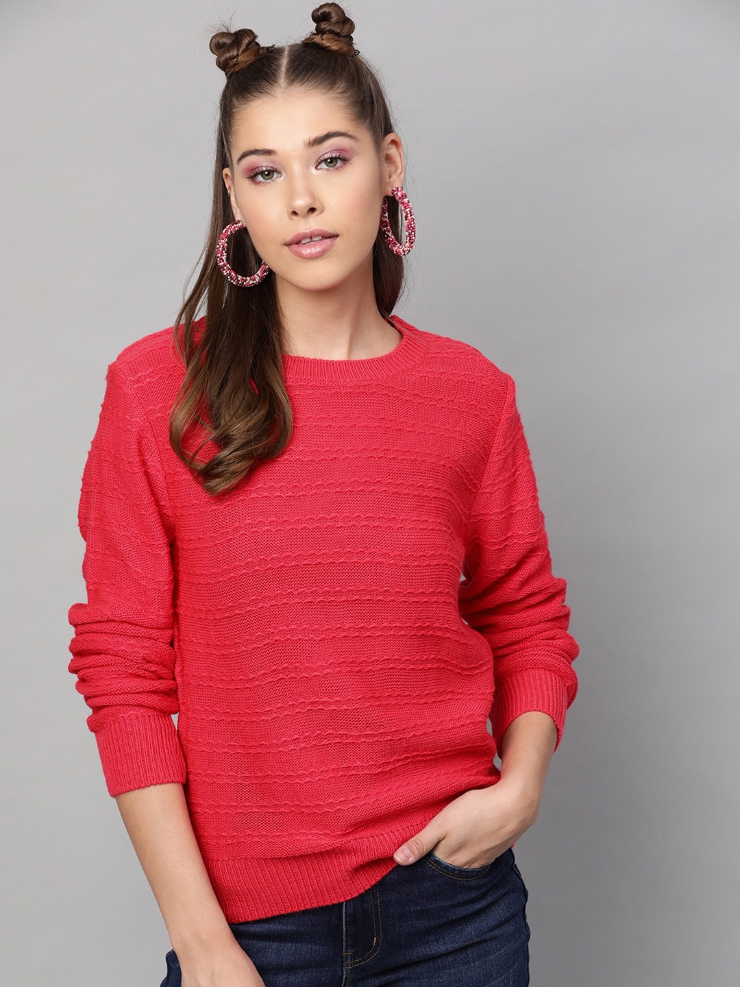 

STREET 9 Women Fuchsia Ribbed Pullover Acrylic Sweater