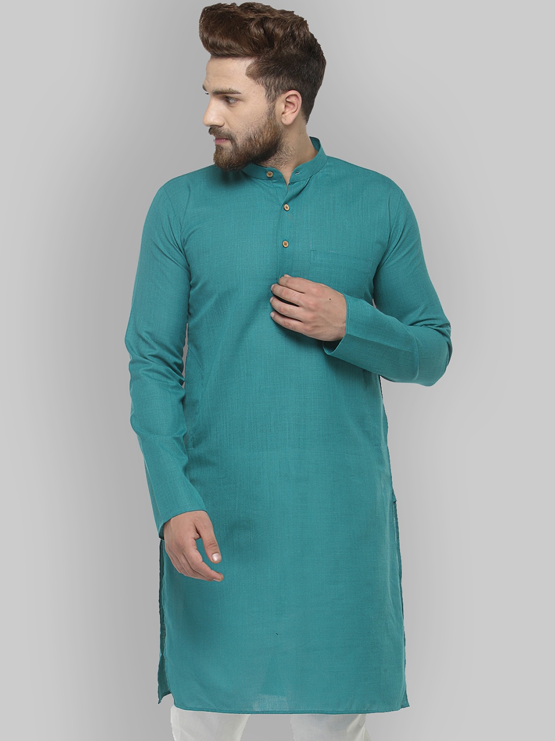 Jompers Men Sea Green Solid Straight Kurta