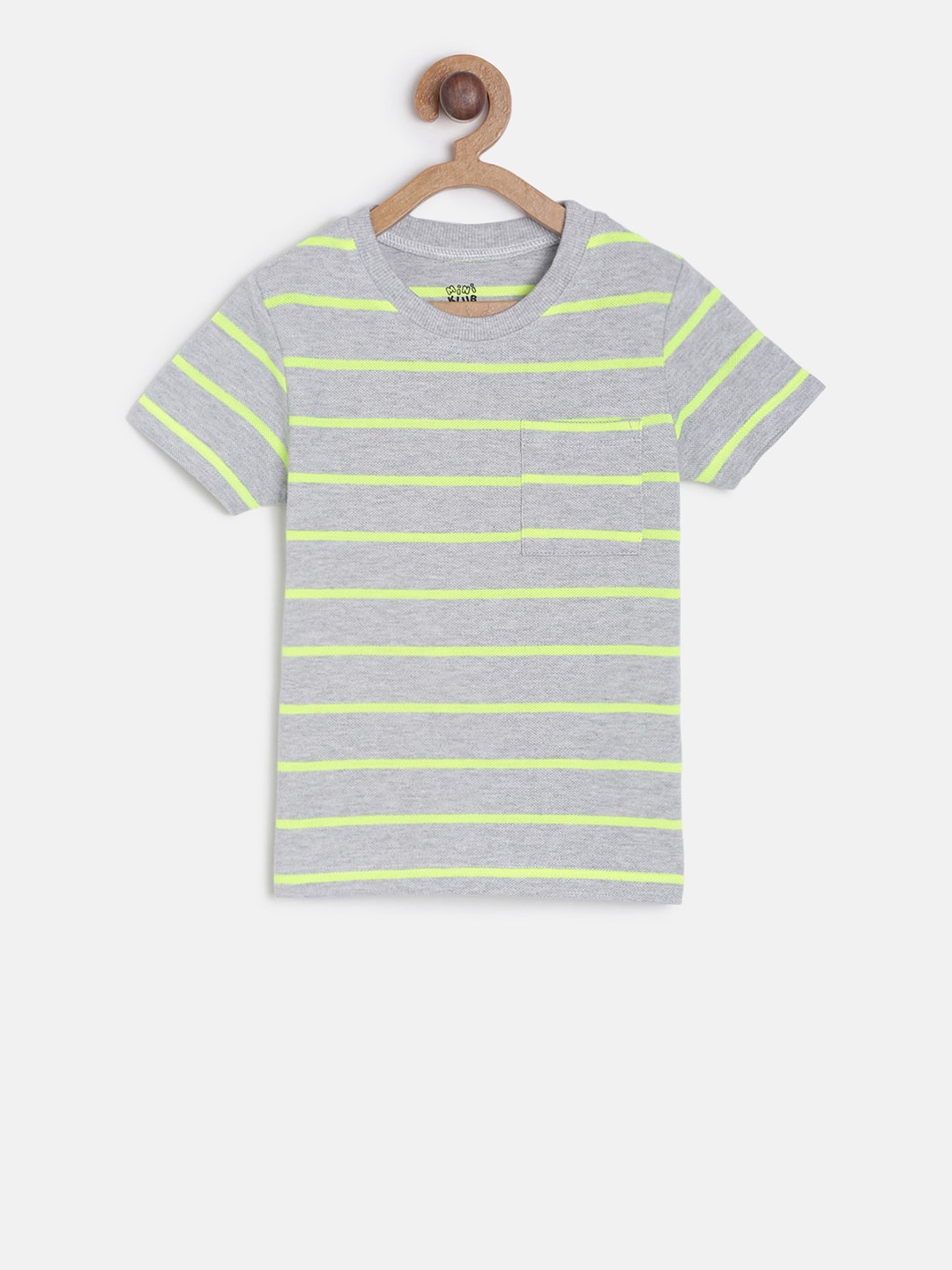 

MINI KLUB Boys Grey Fluorescent Green Striped Round Neck Pure Cotton T-shirt